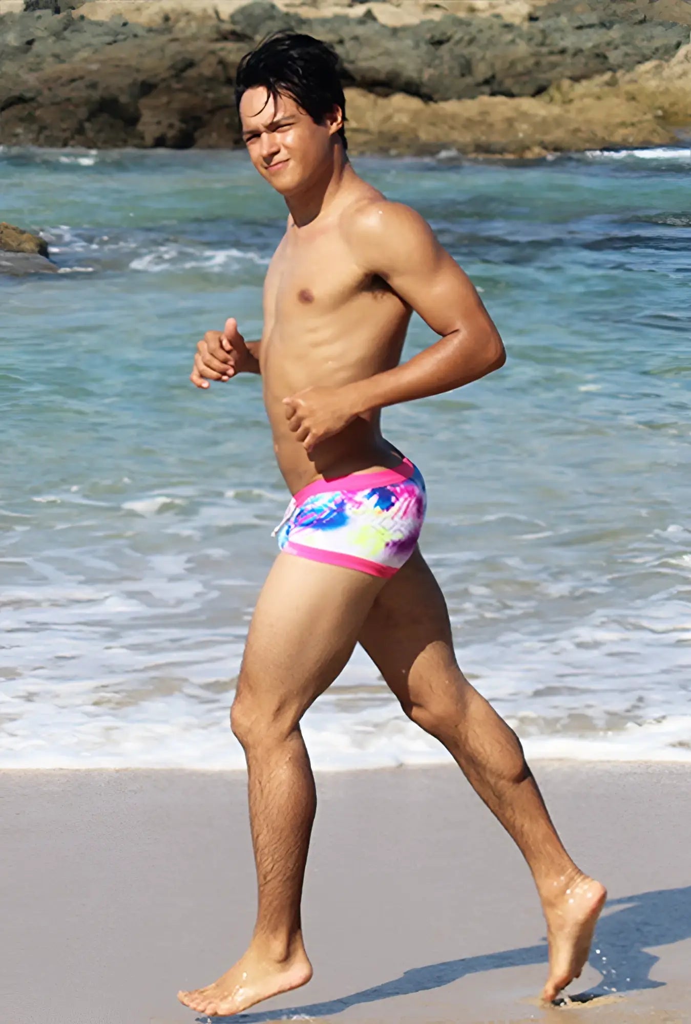Icker Sea spring square cut trunk swimwear in pink blue tie dye with vibrant pattern and bright pink waistband