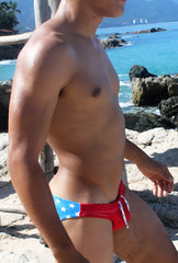 Icker Sea Stars bikini swimwear red blue swim trunks with white stars on left side and red drawstring closure