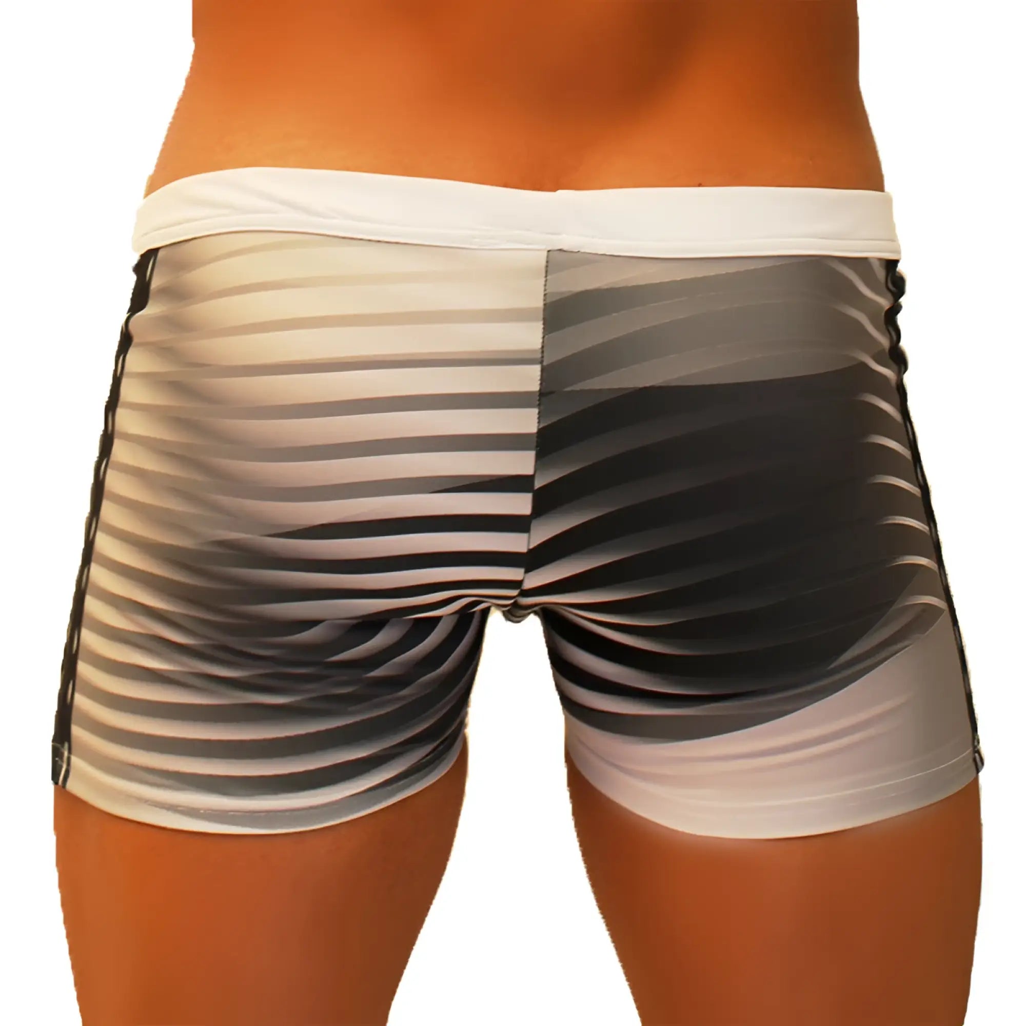 Icker Sea steel lines square cut trunk swimwear in grey with black and white stripes and a sleek modern design