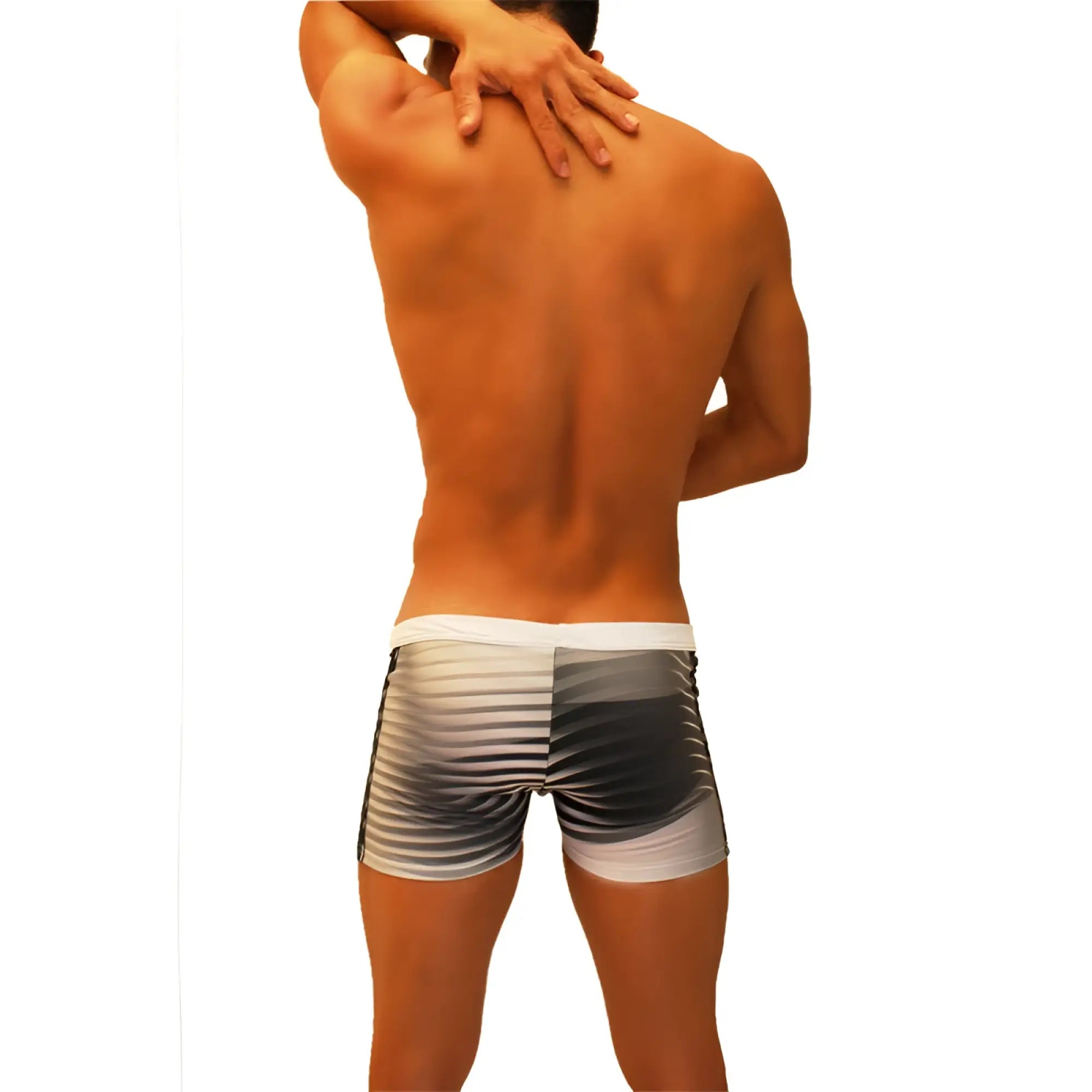 Icker sea steel lines square cut trunk swimwear in grey with black and white stripes and a sleek modern design