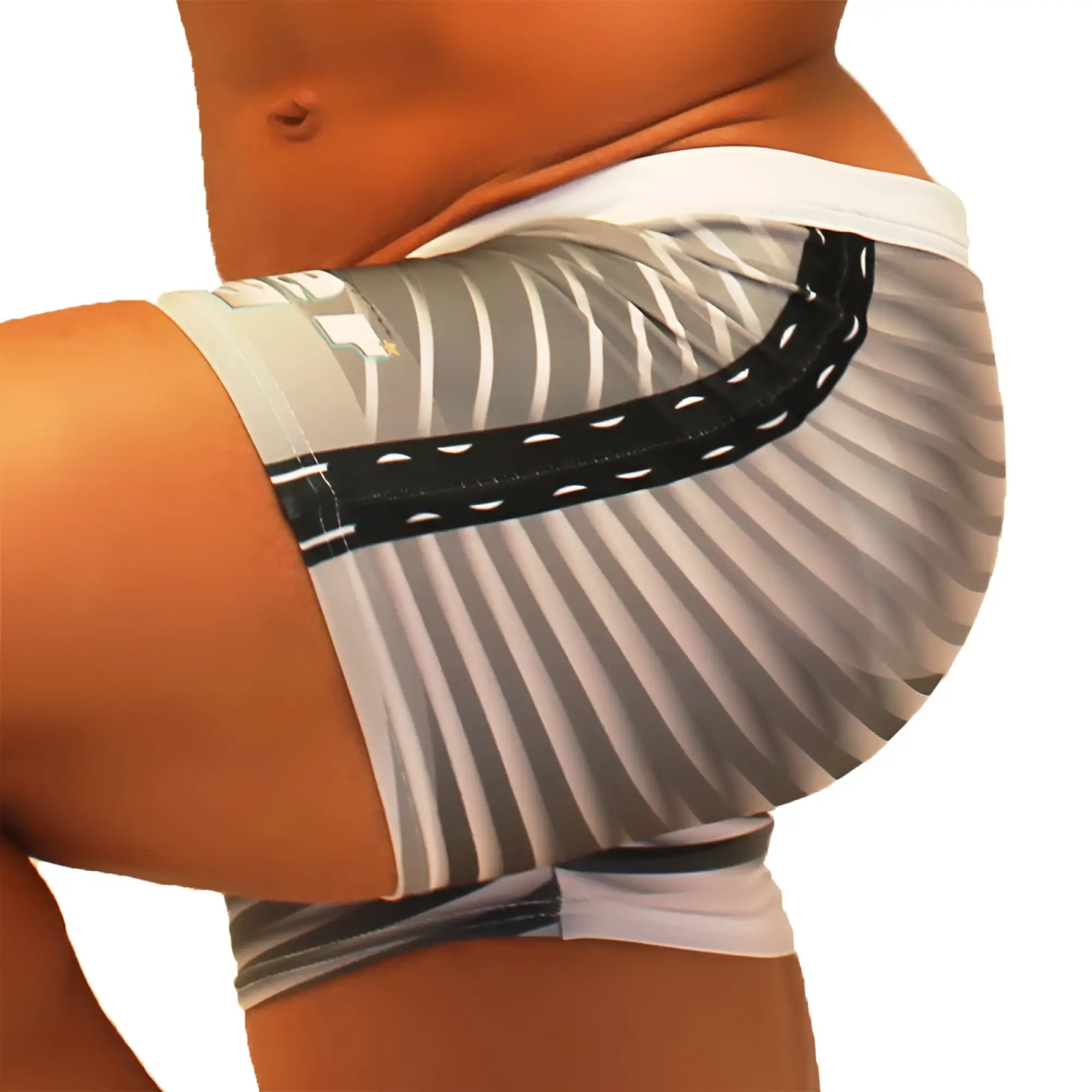 Icker Sea Steel Lines Square Cut Trunk swimwear in grey with white striped athletic shorts and black stitched accent stripe worn by a person