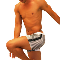 Icker Sea Steel Lines square cut trunk swimwear in gray with white pleats and black stitched trim detail