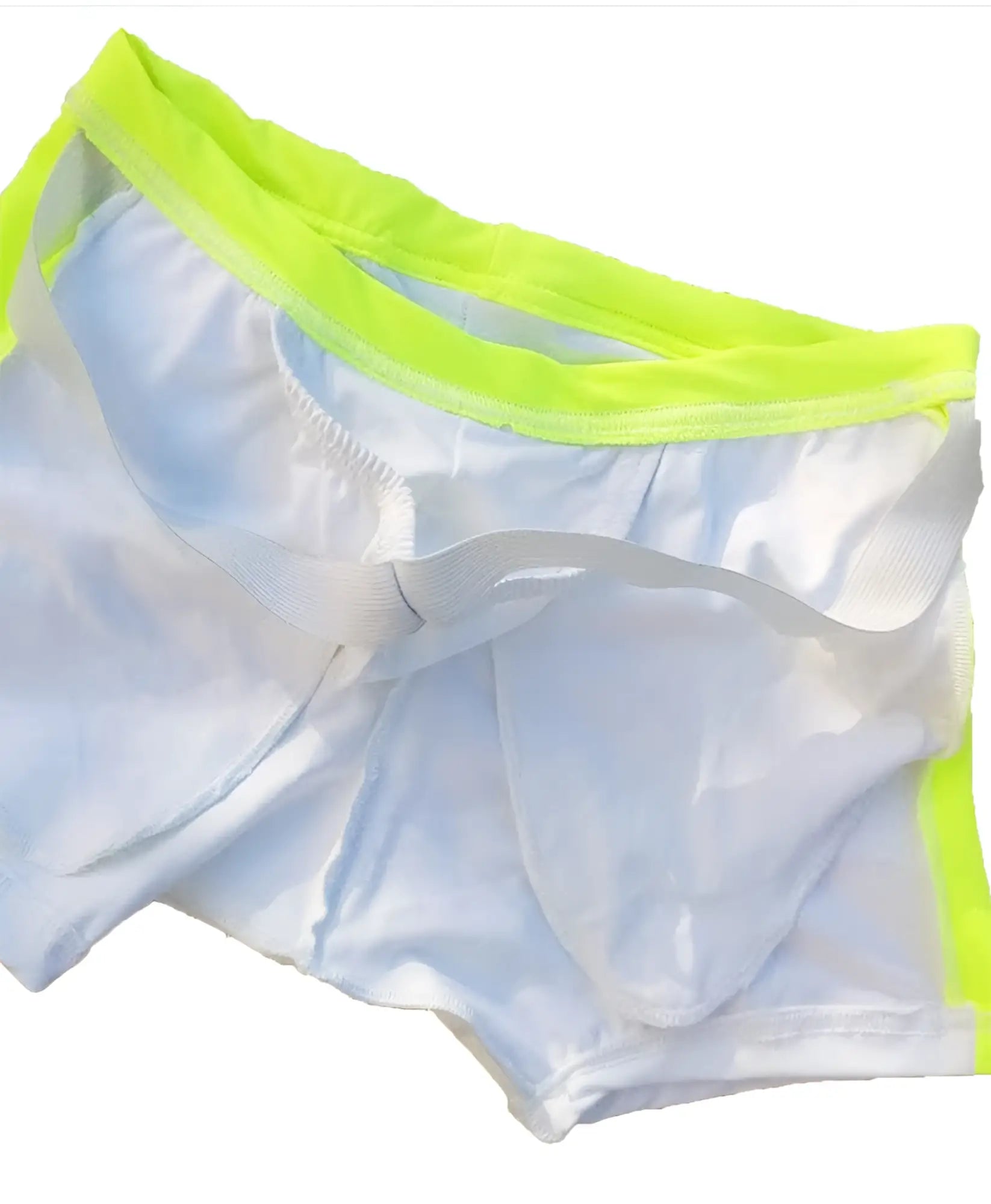 White mesh boxer briefs with neon green elastic waistband and trim from icker sea steel lines square cut trunk swimwear gray cob-19-09