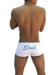 White icker sea stud boxer brief underwear with blue cursive stud lettering and light blue trim