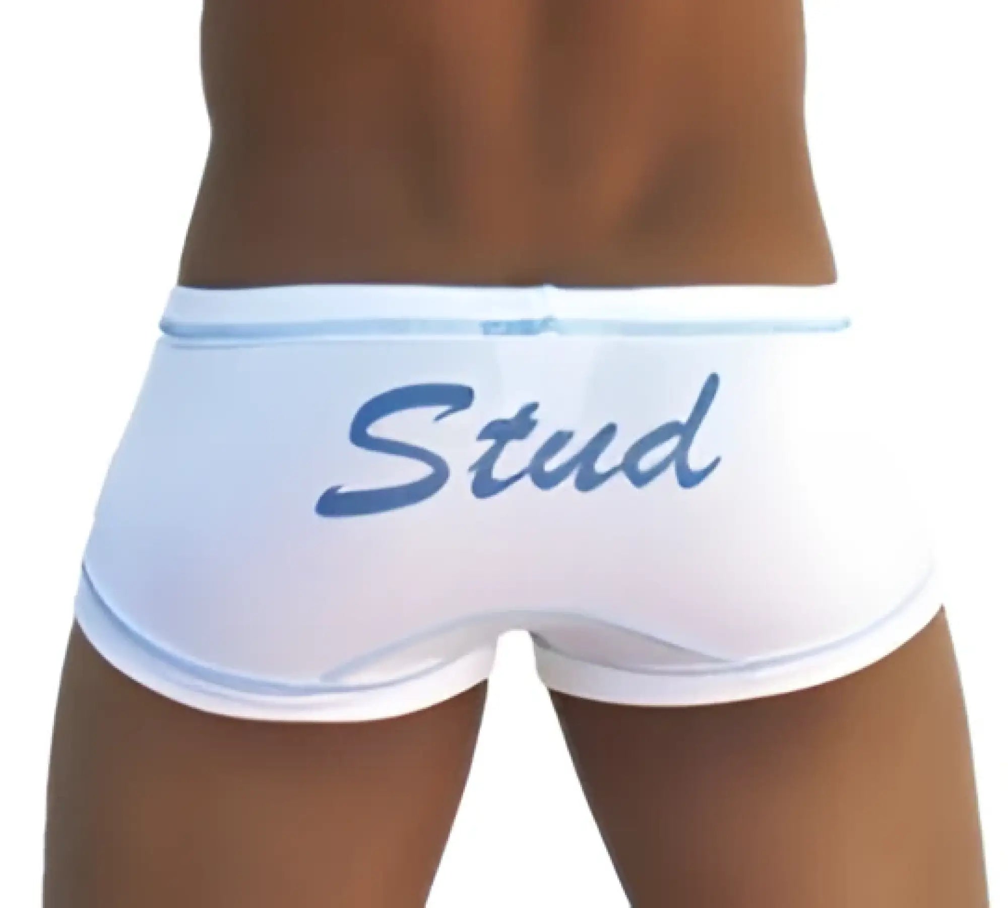 White icker sea stud boxer brief underwear with blue stud embroidery on waistband in white and blue colors