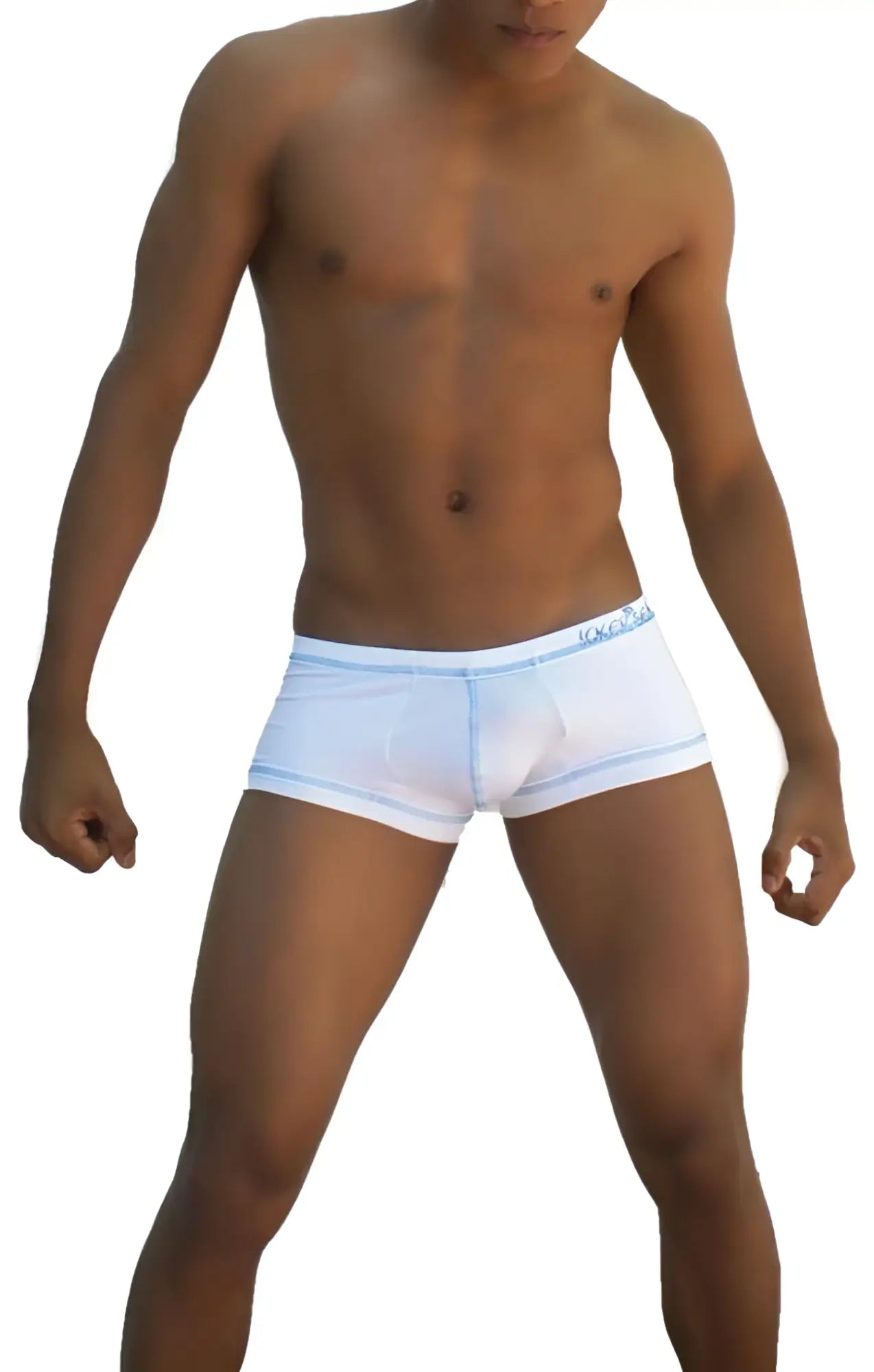 White icker sea stud boxer brief underwear with light blue trim and subtle waistband logo for comfortable wear