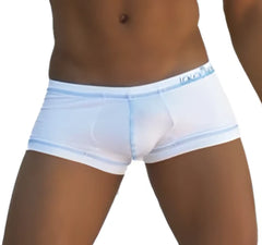 White icker sea stud boxer brief underwear with light blue trim and subtle logo waistband in cotton blend material