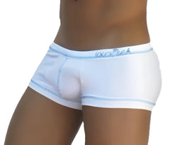 White icker sea stud boxer brief underwear with light blue trim and subtle logo on waistband