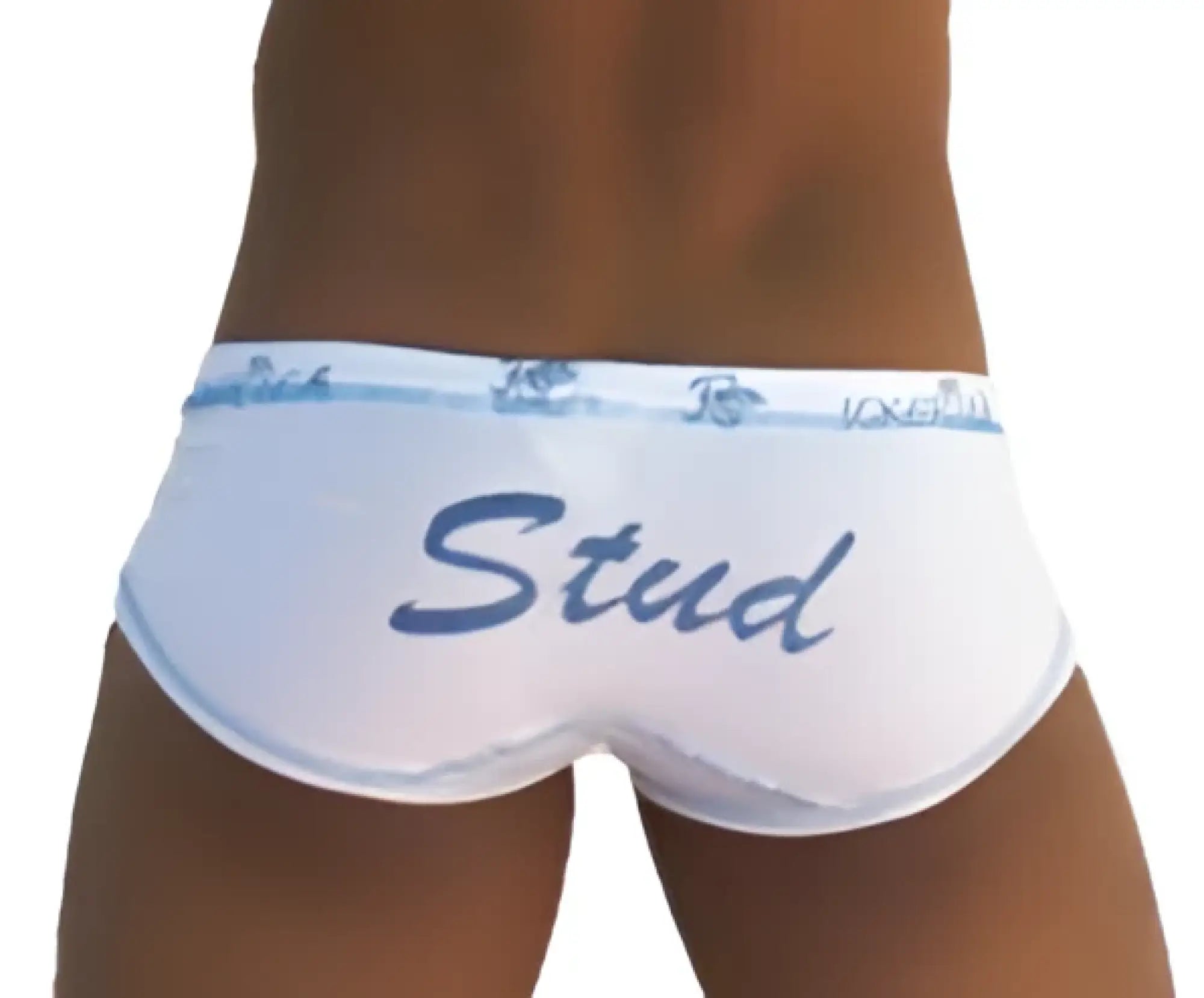 White icker sea stud brief underwear with blue stud lettering and matching elastic waistband in cotton blend