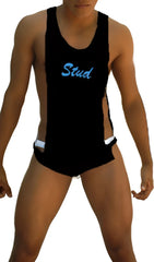 Black icker sea stud large armhole tank top with light blue stud embroidery on chest in athletic singlet style