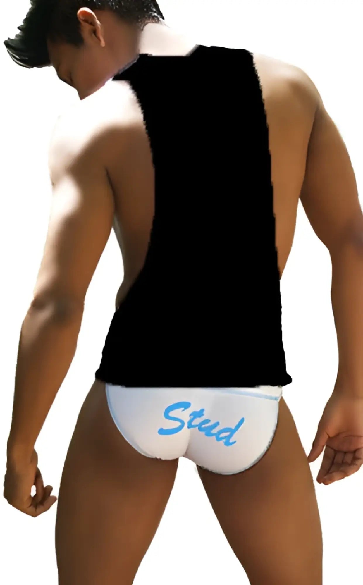 White briefs with blue stud lettering paired with icker sea stud large armhole tank top black and blue ca-16-st-53