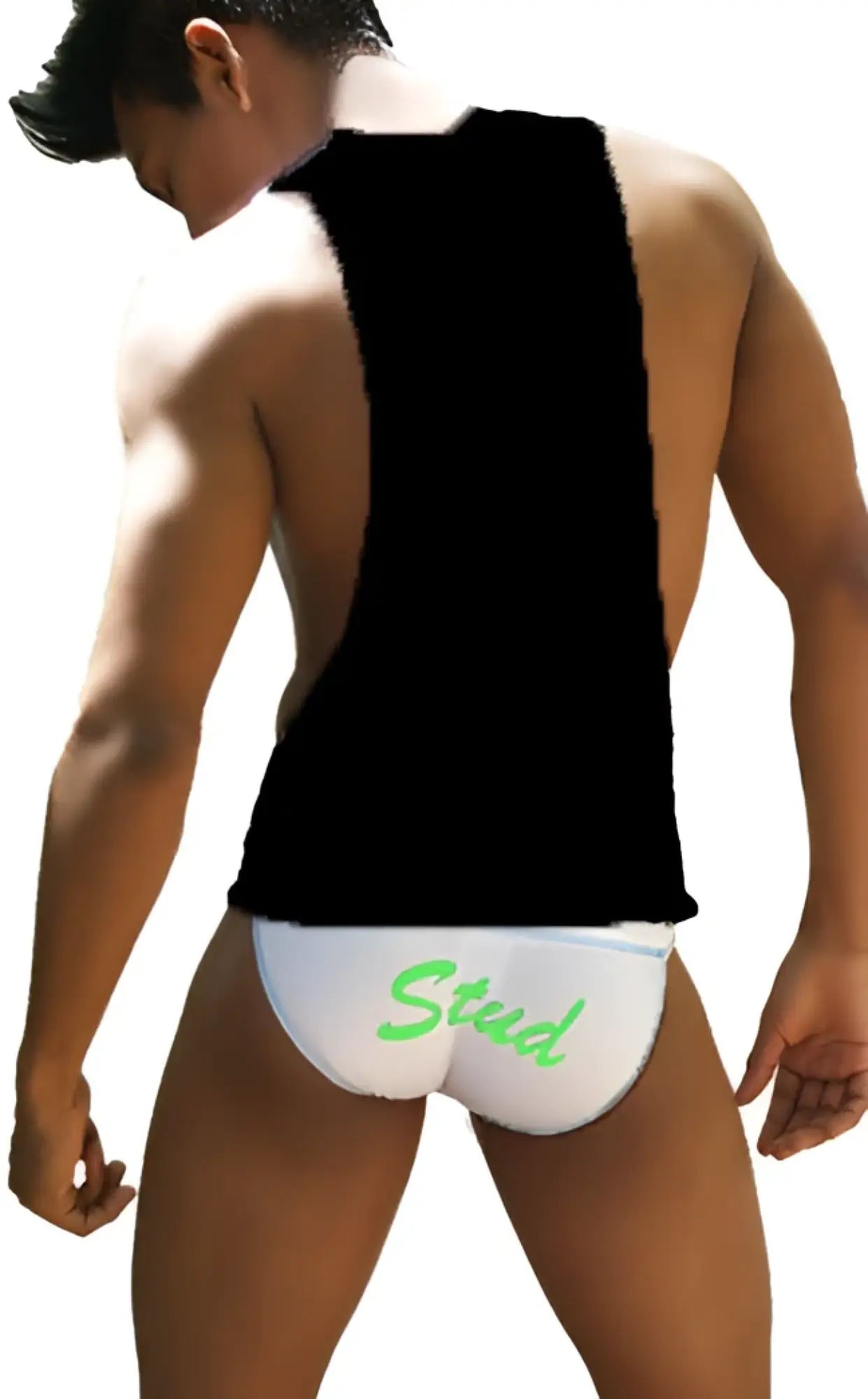 White briefs with green stud lettering paired with icker sea stud large armhole tank top black green ca 16 st 55