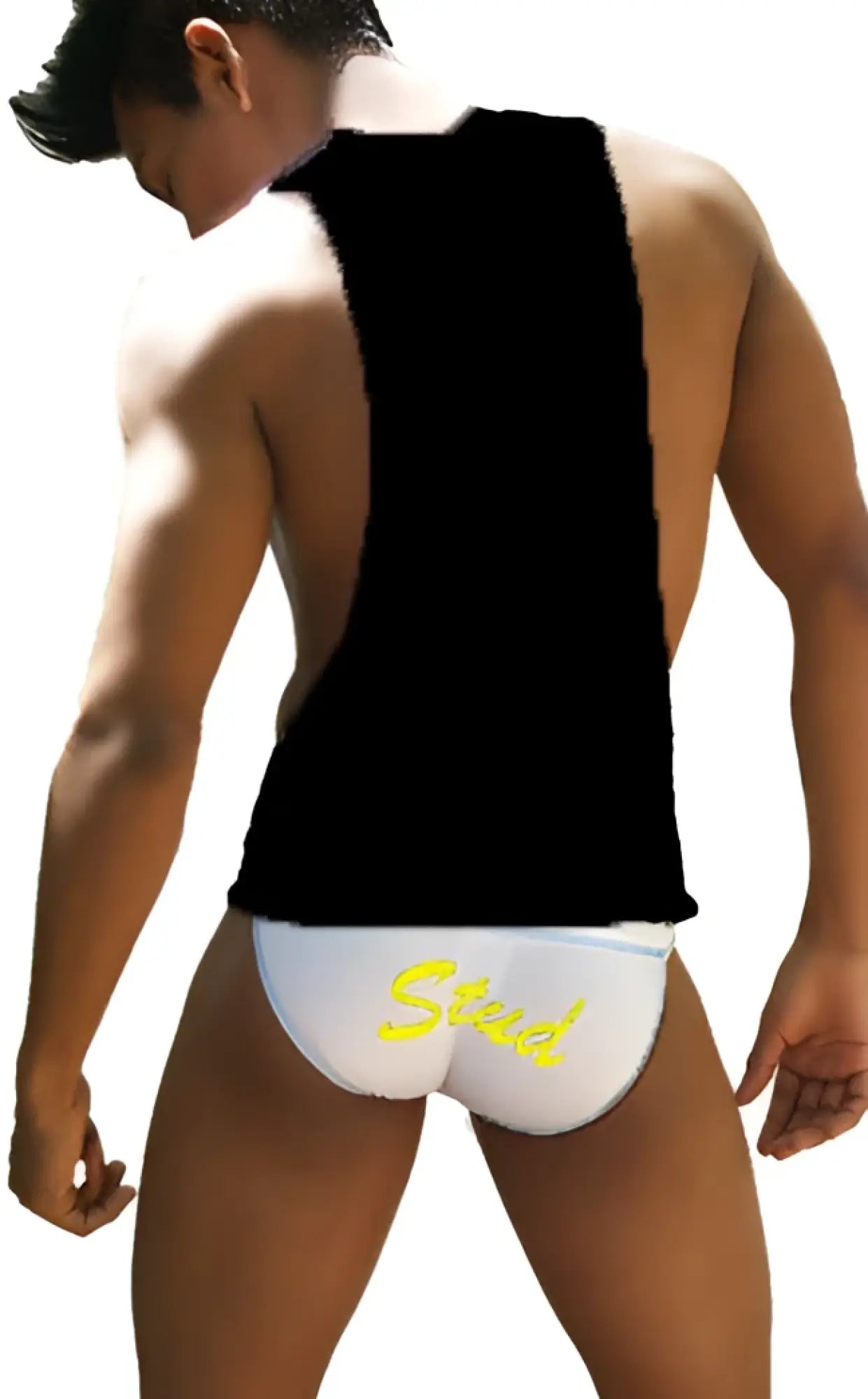 White briefs with yellow stead logo paired with icker sea stud large armhole tank top black mango ca-16-st-57