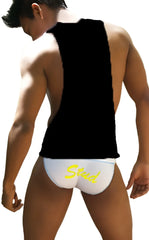 White briefs with yellow stead logo paired with icker sea stud large armhole tank top black mango ca-16-st-57