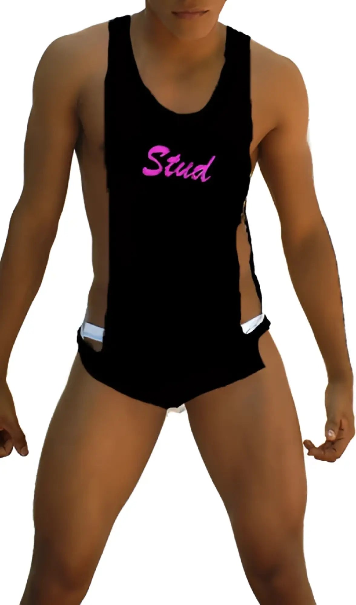 Black icker sea stud large armhole tank top with pink stud lettering across the chest in tank-style swimsuit design