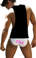 White briefs with pink stud lettering paired with icker sea stud large armhole tank top black and pink ca16st54