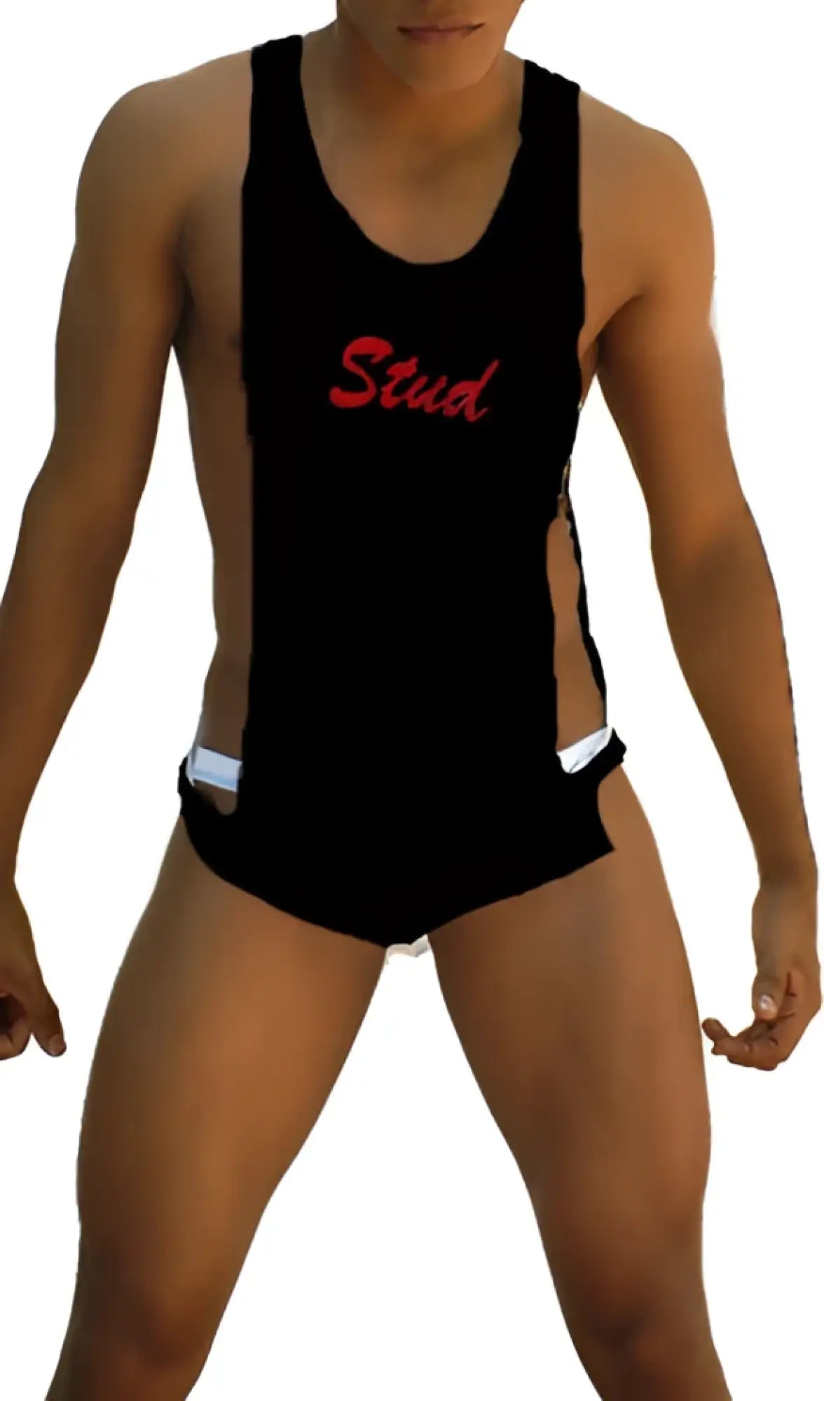 Black tank style wrestling singlet with red stud lettering across the chest icker sea stud large armhole tank top