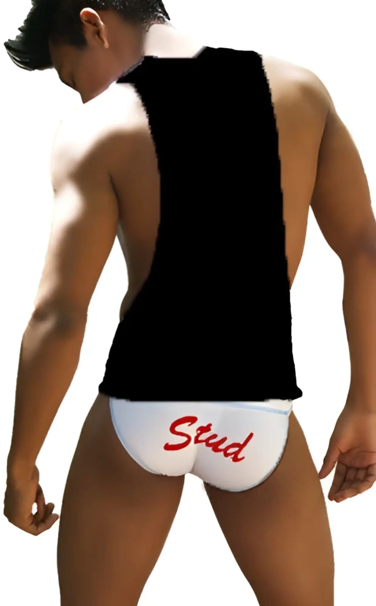 White briefs with red stud lettering paired with icker sea stud large armhole tank top black and red ca16st52