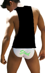 White briefs with green stud lettering paired with icker sea stud large armhole tank top black and white ca-16-st-56