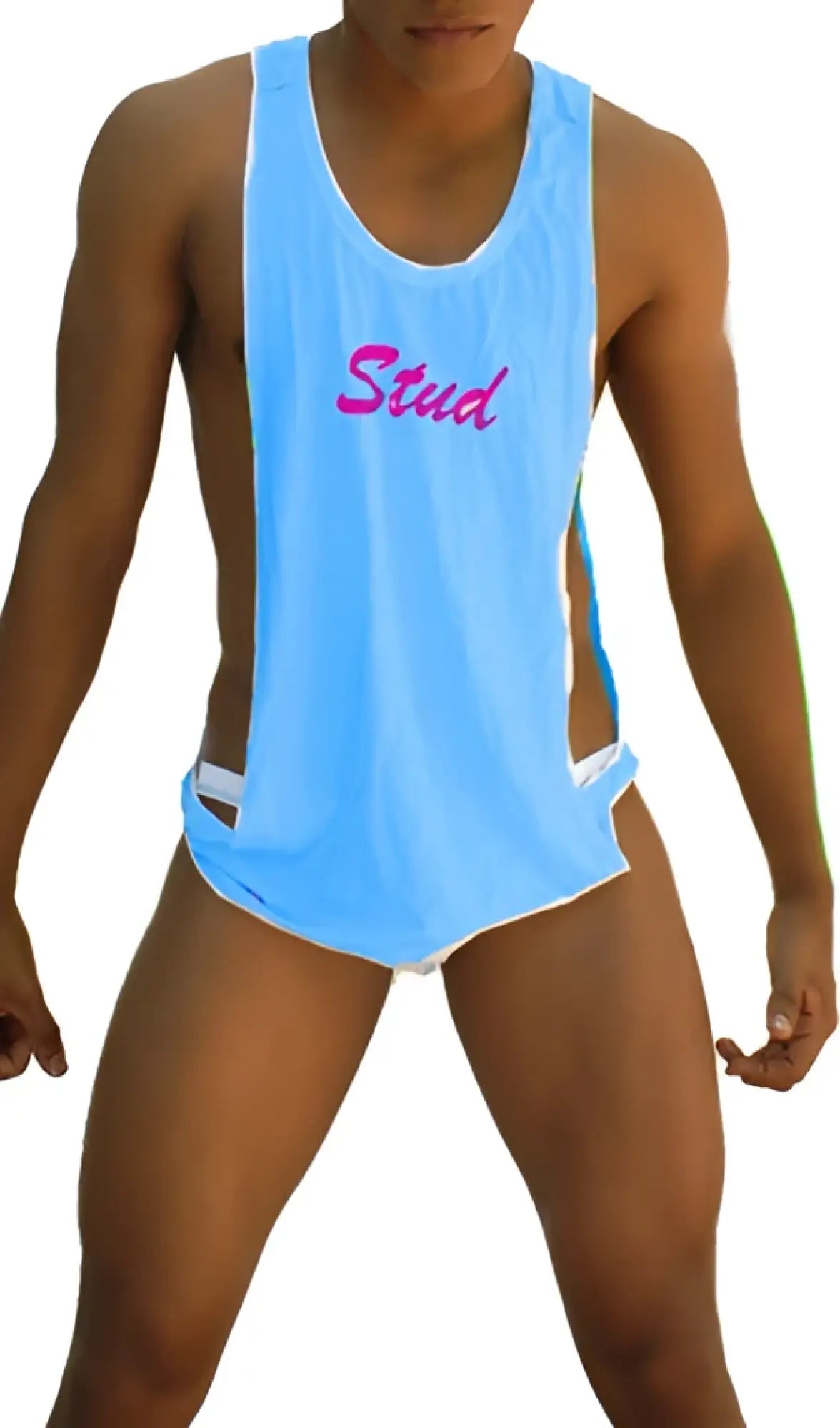 Icker sea stud large armhole tank top in light blue with pink stud lettering and white trim for athletic use