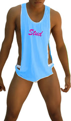 Icker sea stud large armhole tank top in light blue with pink stud lettering and white trim for athletic use