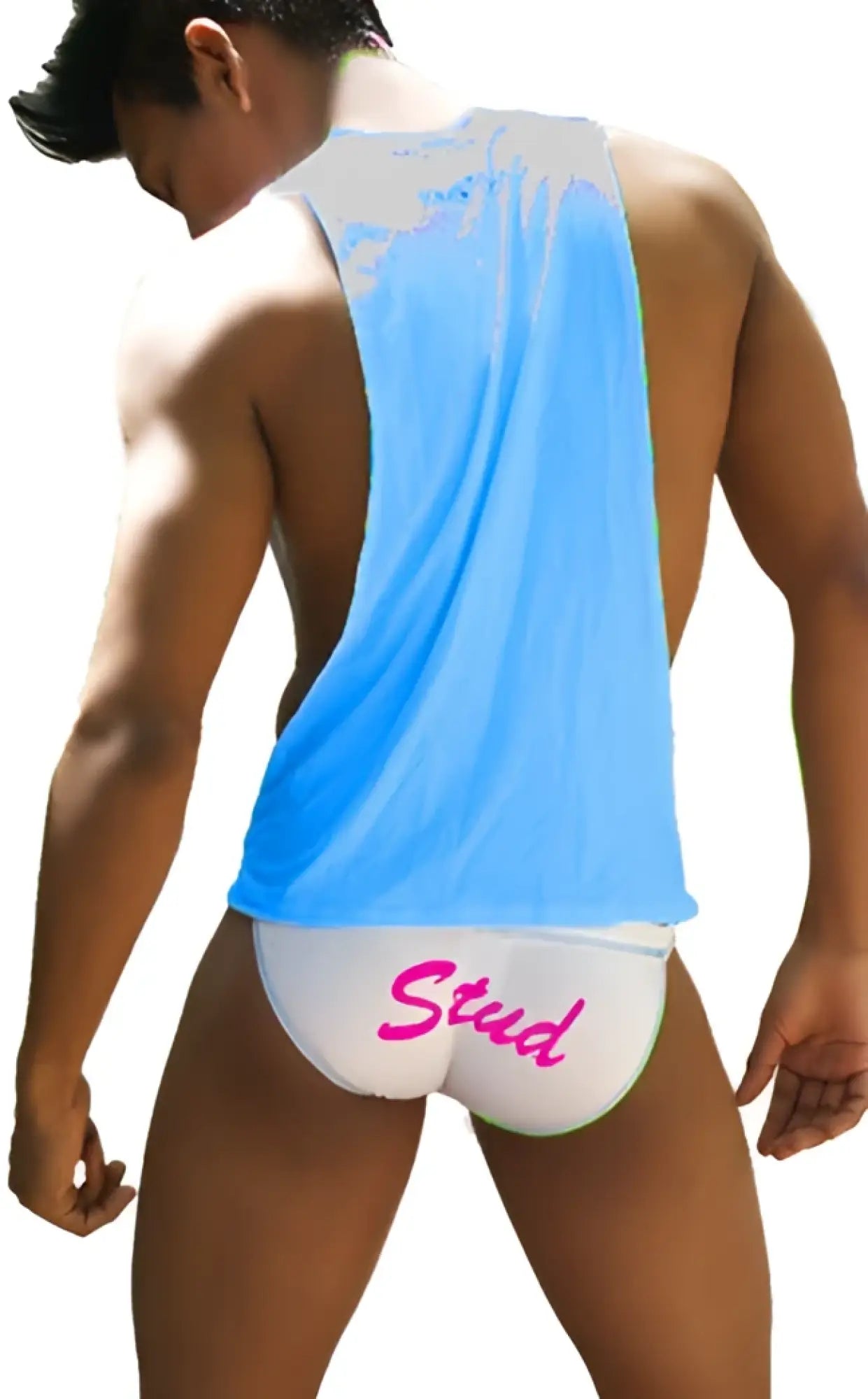 Light blue and white sleeveless tank top with large armholes and pink stud text waistband briefs by Icker Sea