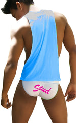 Light blue and white sleeveless tank top with large armholes and pink stud text waistband briefs by Icker Sea