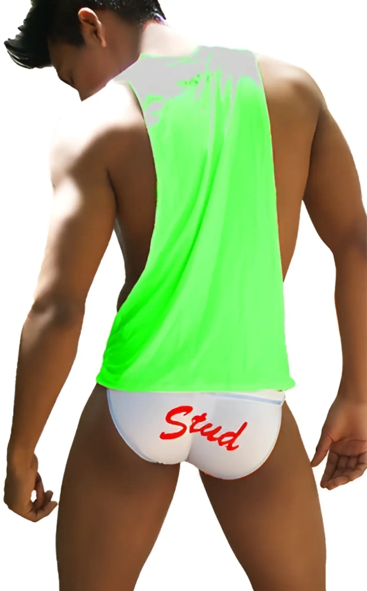 Back view of a neon green icker sea stud sleeveless tank top with white trim and red stud lettering on lower back