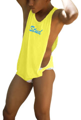 Bright yellow sleeveless mango tank top with teal stud lettering and large armholes by Icker Sea CA-16-ST-58