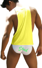 Bright yellow sleeveless icker sea stud tank top with white undergarment and green stud lettering in mango green