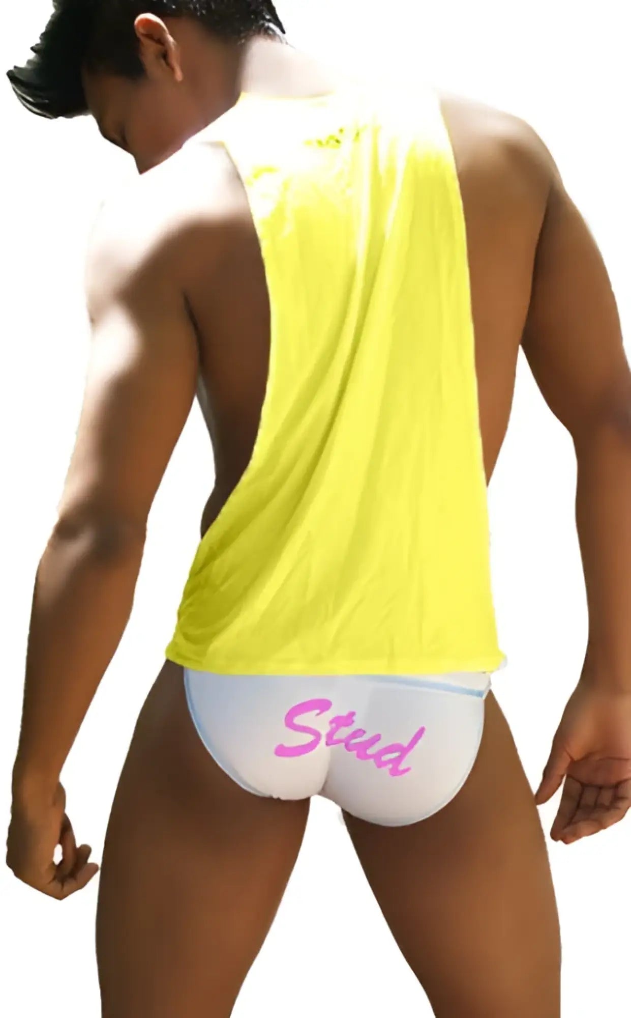 White briefs with pink stud text printed on the front paired with icker sea stud large armhole tank top mango pink