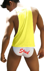 White briefs with red stud lettering paired with icker sea stud large armhole tank top t shirt in mango red