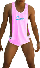Pink icker sea stud large armhole tank top t shirt with blue cursive stud text across the chest