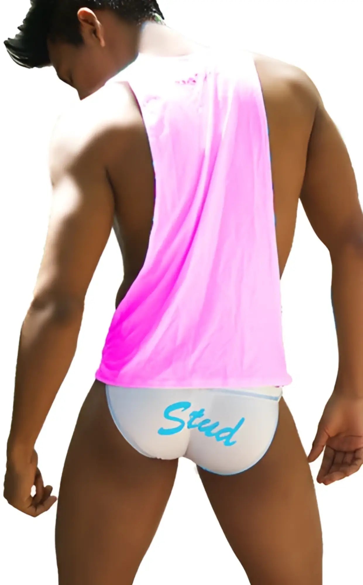 Back view of icker sea stud large armhole tank top t shirt in pink and white with stud logo on the back