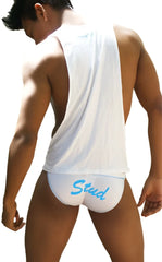 White athletic-style briefs with light blue stud lettering on the back complementing icker sea stud tank top white blue