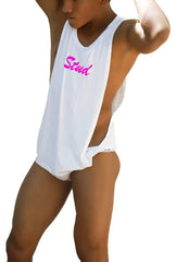 White sleeveless tank top with large armholes and pink stud lettering across the chest by icker sea