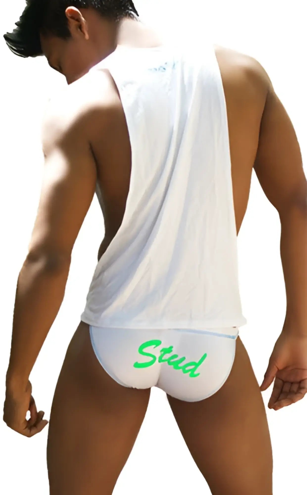 White briefs with green stud lettering from icker sea stud large armhole tank top tshirt white green ca-16-st-44