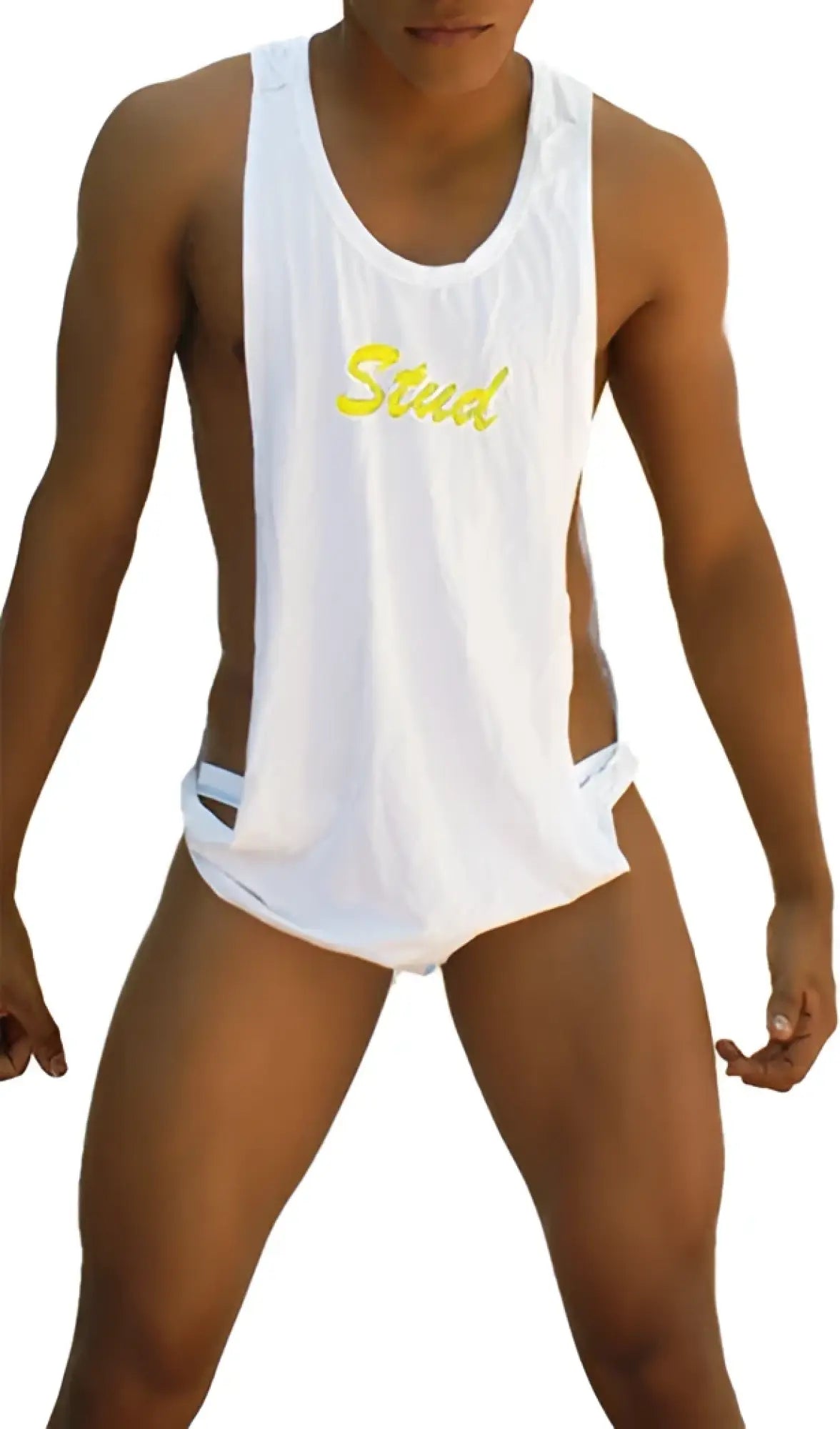 White icker sea stud tank top with large armholes and yellow stud lettering in white and mango colors