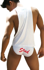 Back side of white briefs with red stud lettering shown with icker sea stud large armhole tank top tshirt white red