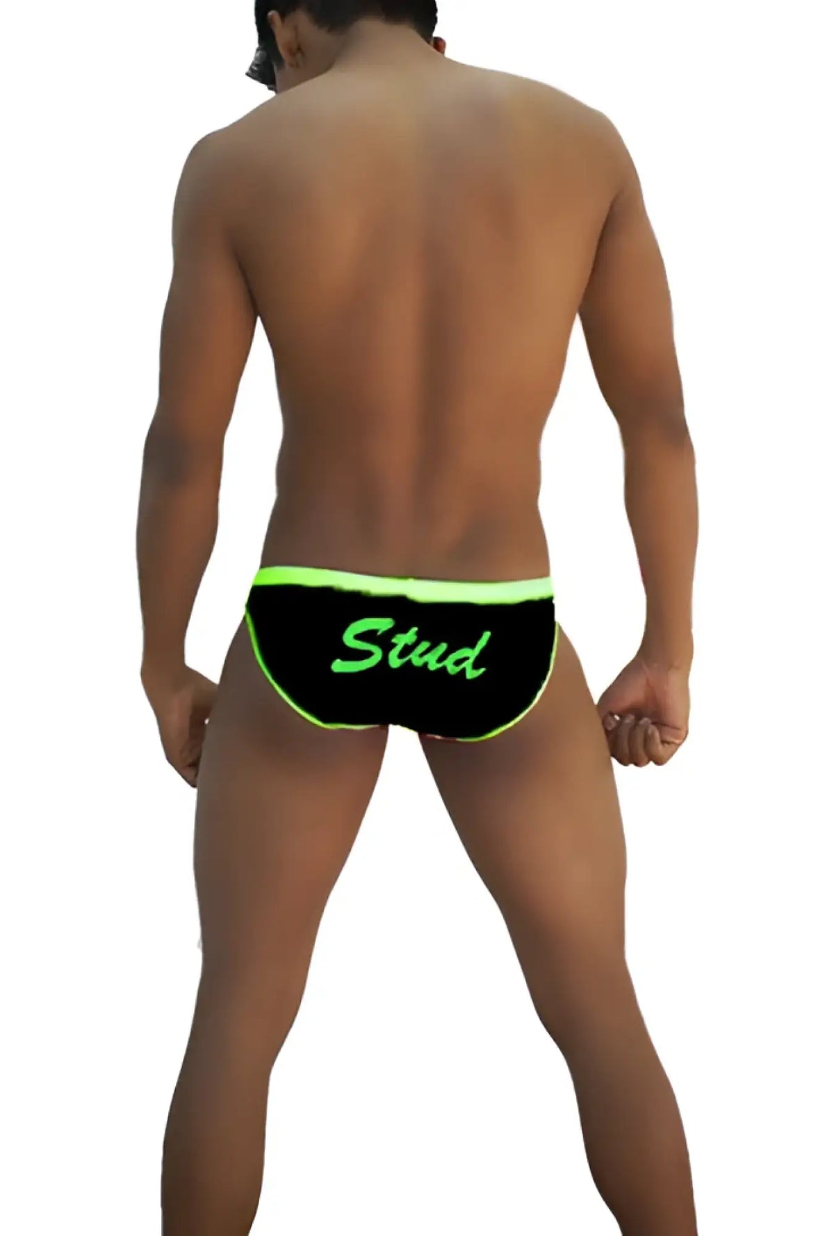 Black Icker Sea stud slip bikini underwear in swim trunks style with neon green trim and matching lettering