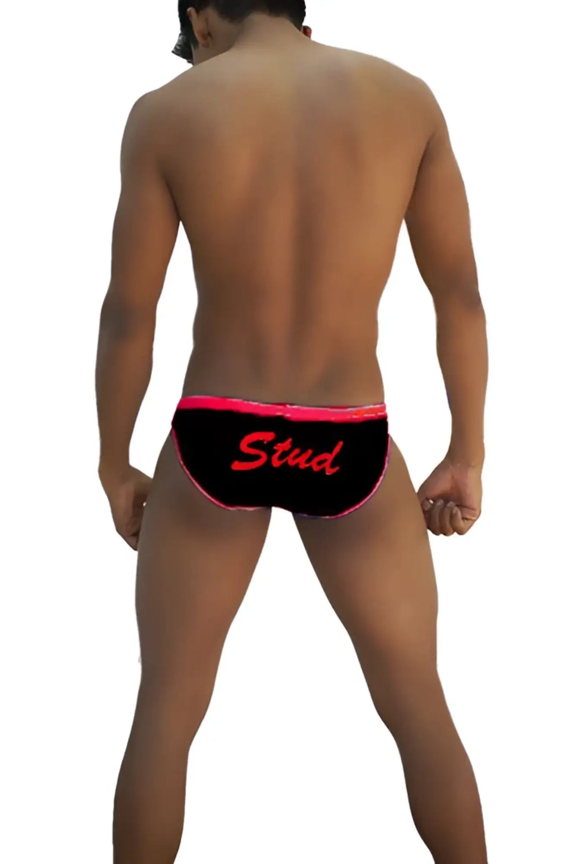 Back view of icker sea stud slip bikini underwear black with bright pink trim and red stud script on swim trunks