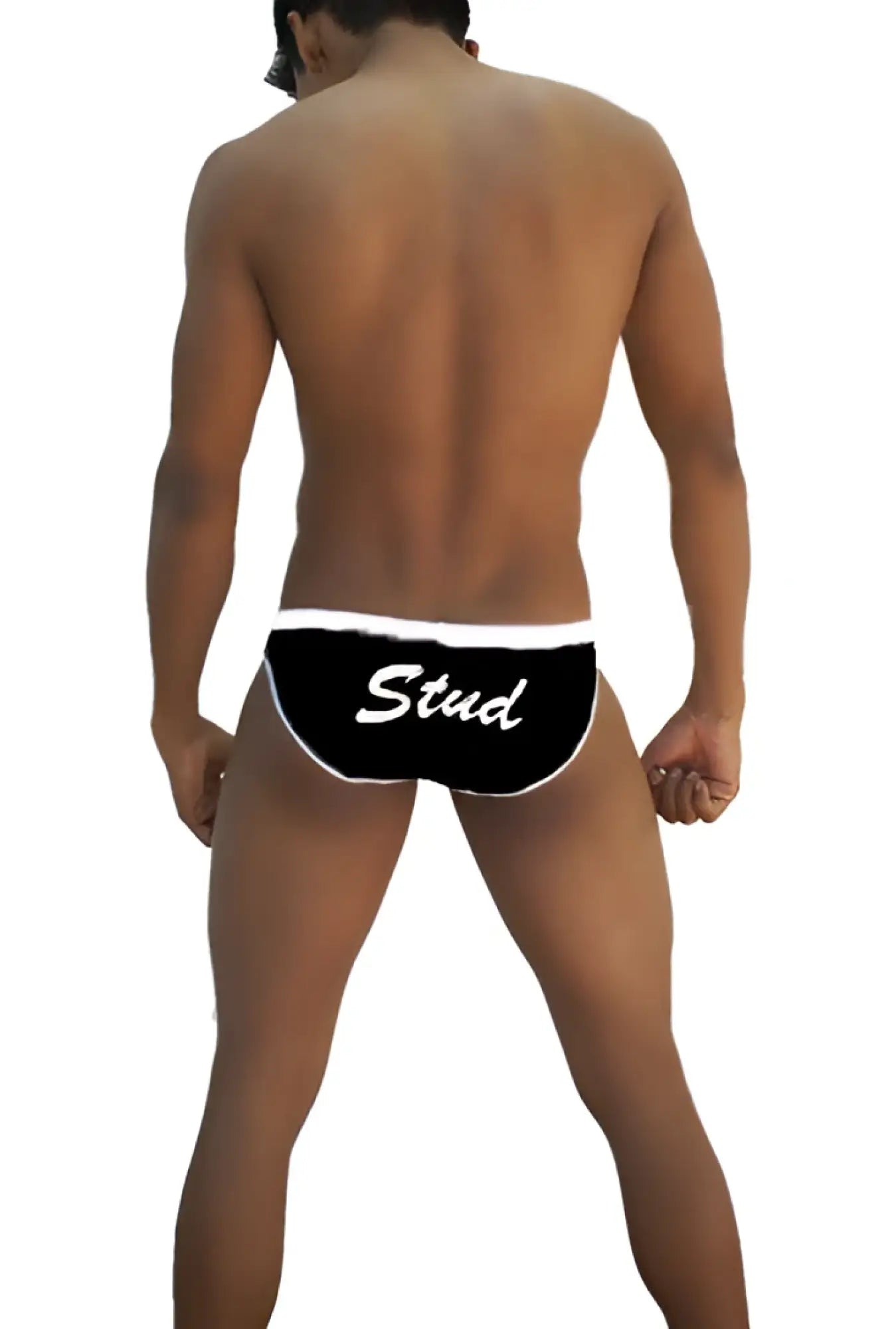 Black icker sea stud slip bikini underwear with white trim and cursive stud print on front for swimwear use