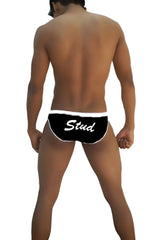Black icker sea stud slip bikini underwear with white trim and cursive stud print on front for swimwear use