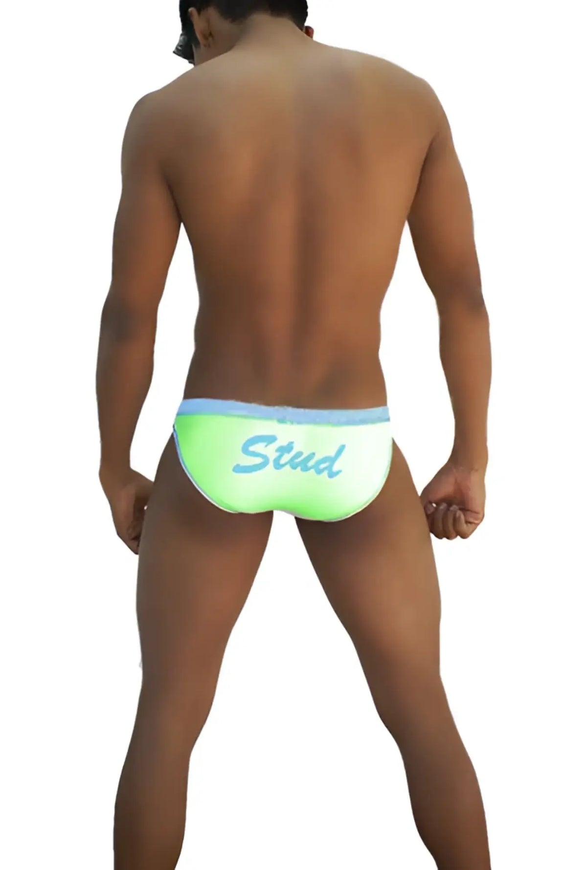 Icker Sea Stud slip bikini underwear green with neon green trunks light blue waistband and stud script print