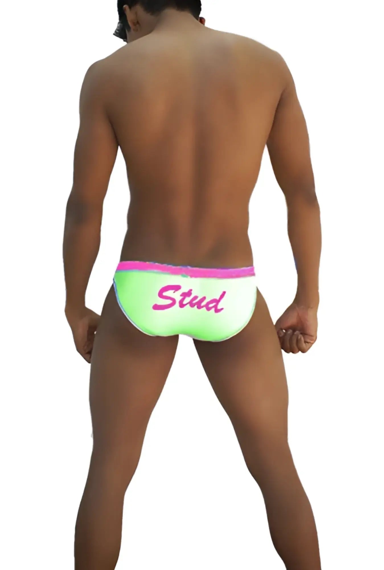 Bright neon green icker sea stud slip bikini underwear with pink waistband and stud print in pink cursive script