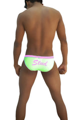 Neon green swim trunks with pink trim and stud cursive script from icker sea stud slip bikini underwear collection