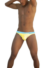 Bright yellow briefs with light blue cotton candy waistband in mango blue icker sea stud slip bikini underwear