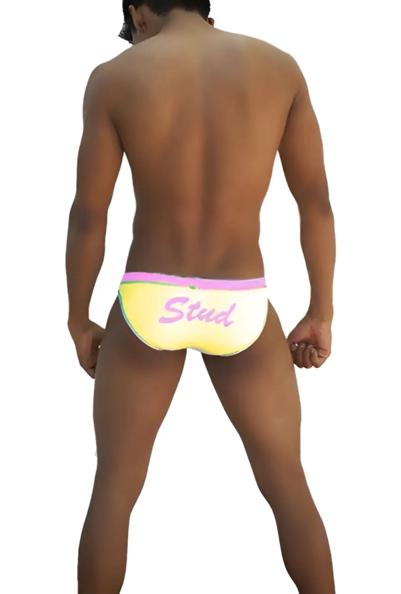 Icker Sea Stud slip bikini underwear in bright yellow with a pink waistband and purple stud script print