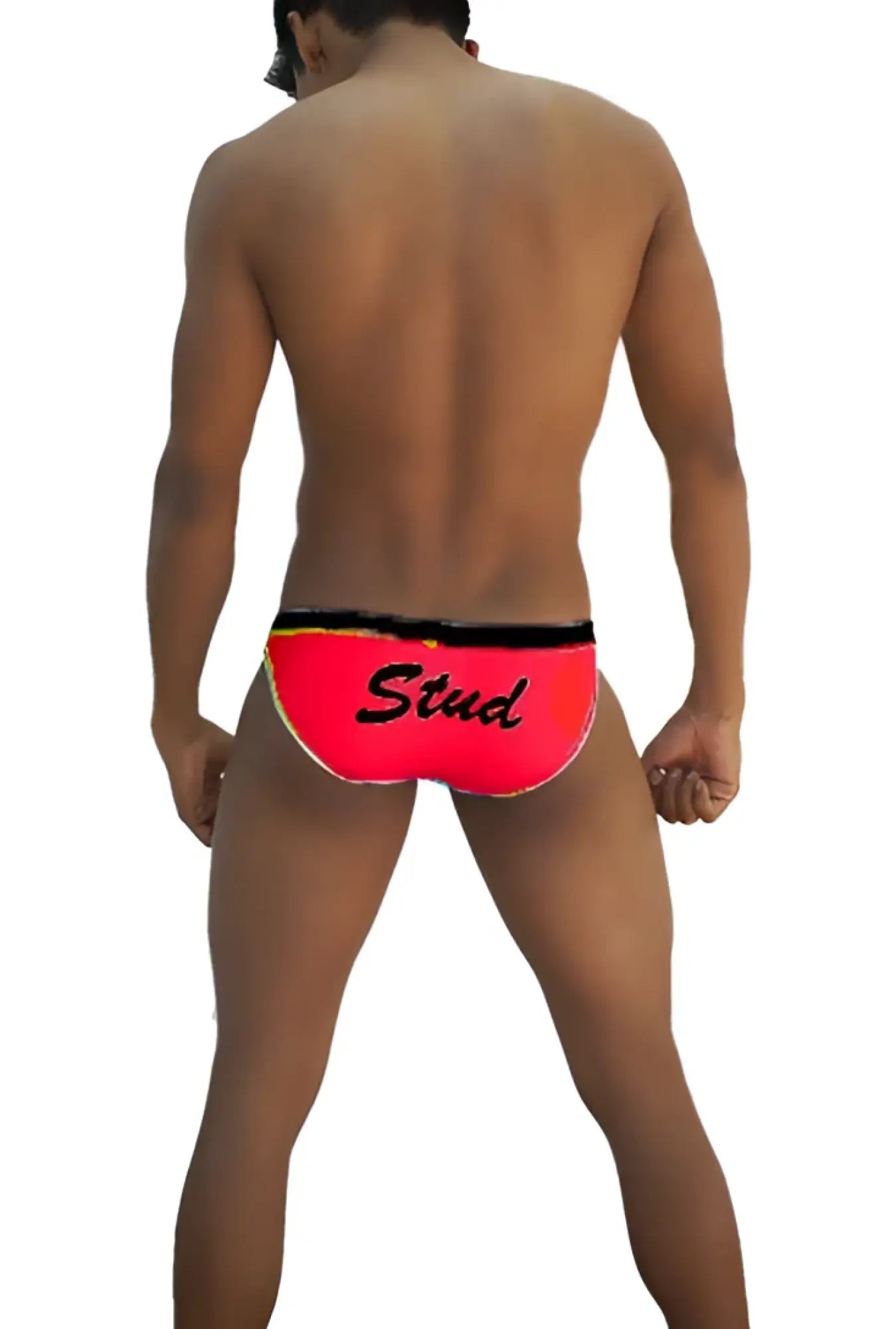 Back view of icker sea stud slip bikini underwear in bright red with black trim and stud script detailing