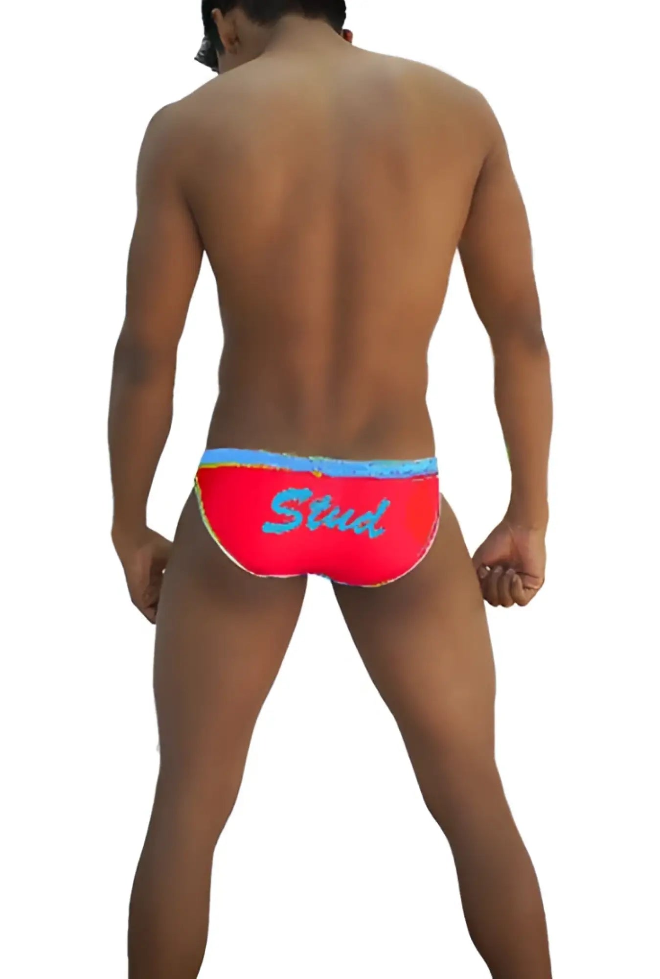 Icker Sea Stud slip bikini underwear in bright red with blue waistband and light blue stud embroidery
